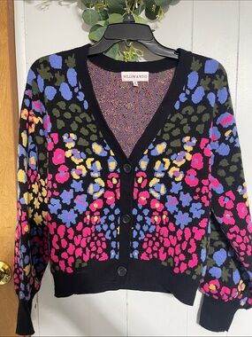 Willow & Wind Black Floral Multicolor V-Neck Button Cardigan